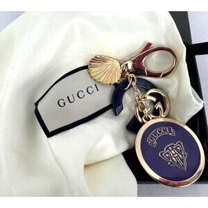Gucci GG Gold Plated Key Ring Key Chain Bag Charm Blue Logo Medallion